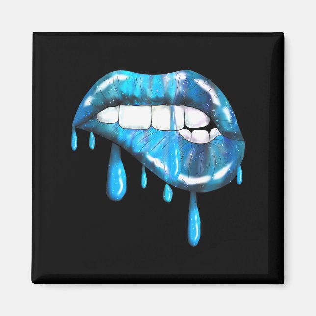 Blue Dripng Biting Lips Lipstick Effect 80s Magnet (Front)