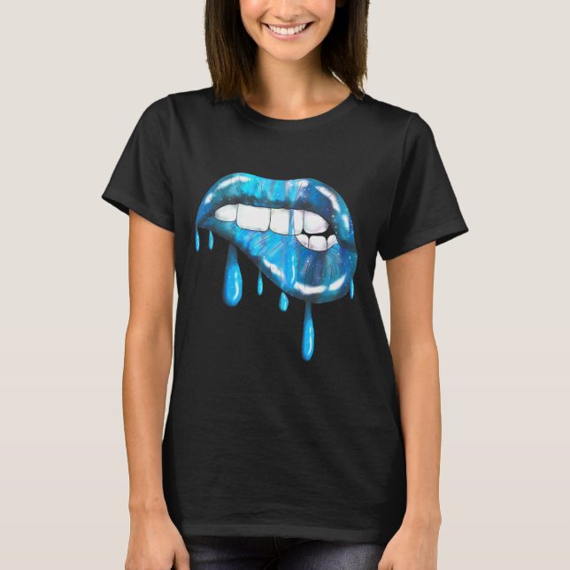 Blue Dripng Biting Lips Lipstick Effect 80s T-Shirt (Front)