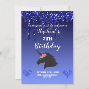 Blue Dripping Glitter Floral Unicorn Invitation