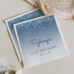 Blue Dripping Glitter Glam 21st Birthday Party Napkin<br><div class="desc">These chic,  feminine 21st (or any year) birthday party paper napkins feature a sparkly blue faux glitter drip border and blue ombre background. Personalise them with the guest of honour's name in blue handwriting script,  with her birthday and date below in sans serif font.</div>