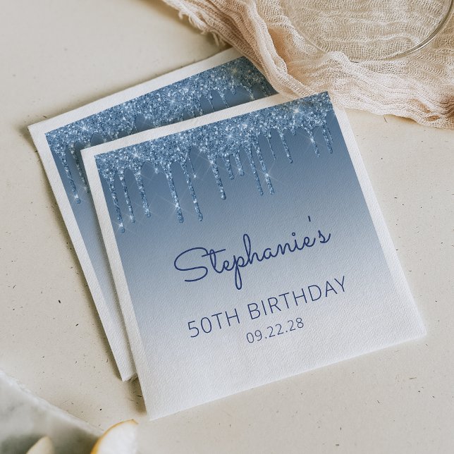 Blue Dripping Glitter Glam 50th Birthday Party Napkin (Creator Uploaded)