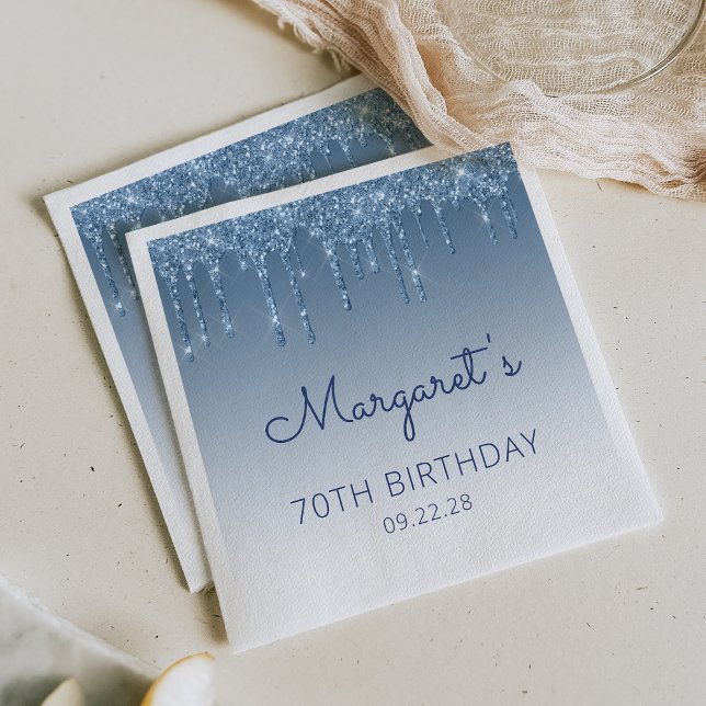 Blue Dripping Glitter Glam 70th Birthday Party Napkin (Creator Uploaded)
