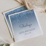 Blue Dripping Glitter Glam 90th Birthday Party Napkin<br><div class="desc">These chic,  feminine 90th (or any year) birthday party paper napkins feature a sparkly blue faux glitter drip border and blue ombre background. Personalise them with the guest of honour's name in blue handwriting script,  with her birthday and date below in sans serif font.</div>