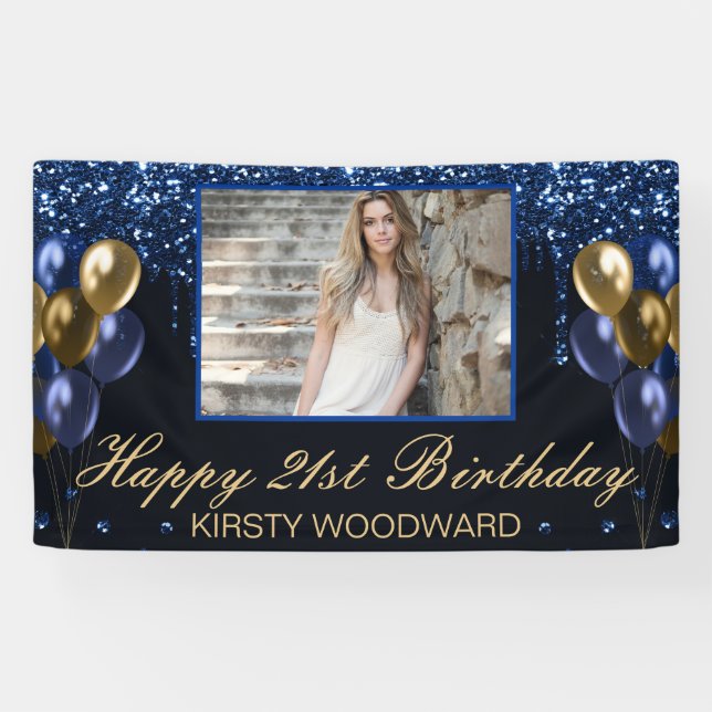 Blue Dripping Glitter & Gold Balloons Birthday Banner (Horizontal)
