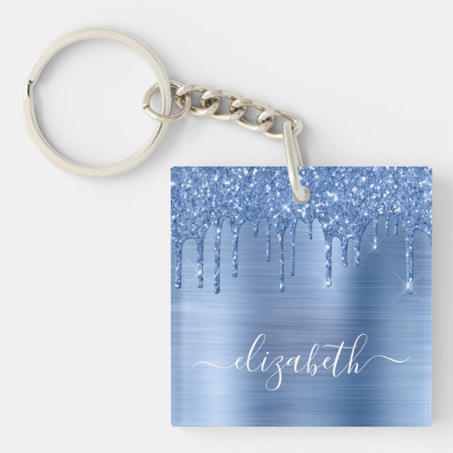 Blue Dripping Glitter Personalised Key Ring (Front)