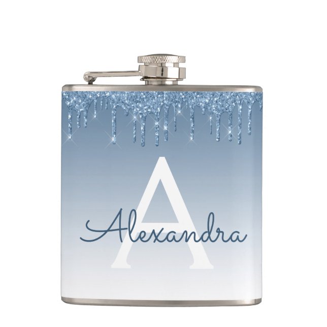 Blue Dripping Glitter Sparkle Monogram Hip Flask (Front)