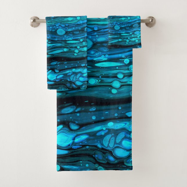 Blue Drops Acrylic Pouring Abstract Fluid Art  Bath Towel Set (Insitu)
