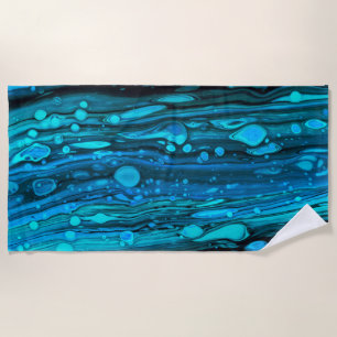 Blue Drops Acrylic Pouring Abstract Fluid Art Beach Towel
