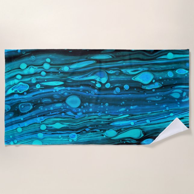 Blue Drops Acrylic Pouring Abstract Fluid Art Beach Towel (Front)