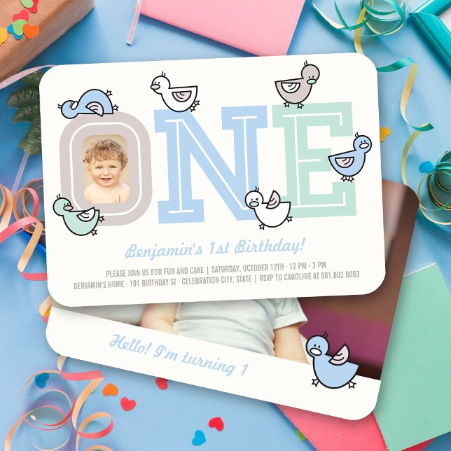 Blue Ducks Big One Boy's 1st Birthday Party Photo Invitation (Pastel Blue Cute Ducks Big One Boy's 1st Birthday Party Photo Invitation @ fatfatin_mini_me)