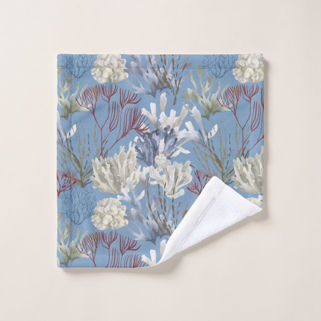 Blue Dusk Solid with Undersea Print Bath Towel Set (Wash Cloth)