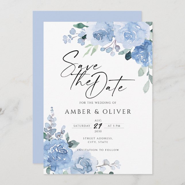 Blue Dusty Floral Light Blue Leaves Save The Date  Invitation (Front/Back)