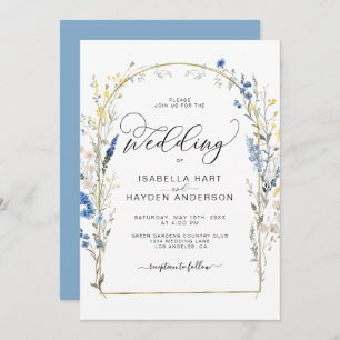 Blue Dusty Wild Flower Floral Gold Foil Wedding Invitation