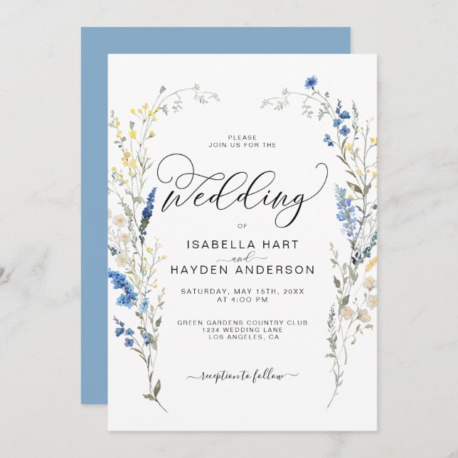 Blue Dusty Yellow Dainty Floral Botanical Wedding  Invitation (Front/Back)