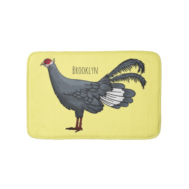 Blue eared pheasant bird cartoon illustration bath mat (Front)