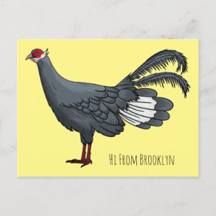 Blue eared pheasant bird cartoon illustration postcard