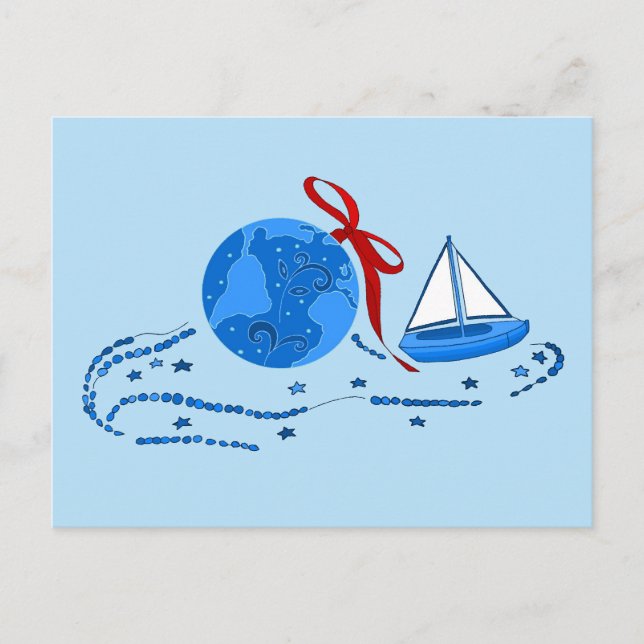 Blue Earth Christmas Ball and Little Boat Postcard (Front)