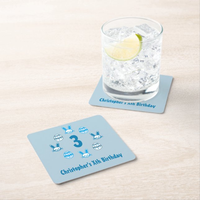 Blue Easter 3rd Birthday Square Paper Coaster (Insitu)