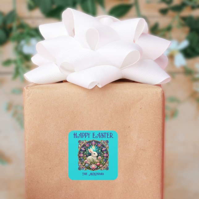 Blue Easter Bunny Art Nouveau Stained Glass Square Sticker (Creator Uploaded)