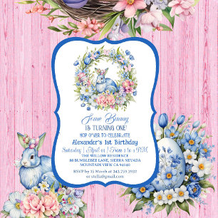 Blue Easter Bunny Pink Floral Wreath 1st Birthday  Invitation