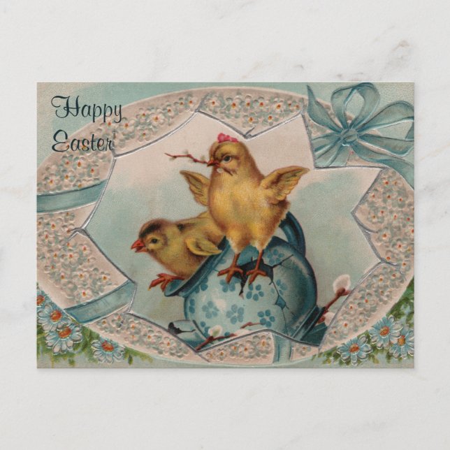 Blue Easter Egg and Chicks Vintage Postcard (Front)