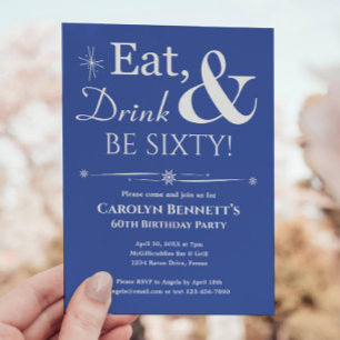 Blue Eat Drink Be Sixty 60th Birthday Midcentury Invitation