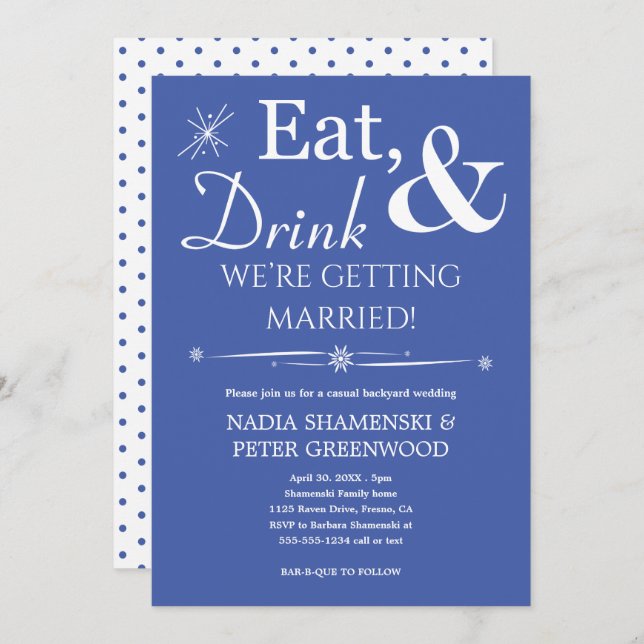 Blue Eat Drink Getting Married Casual Wedding Invitation (Front/Back)