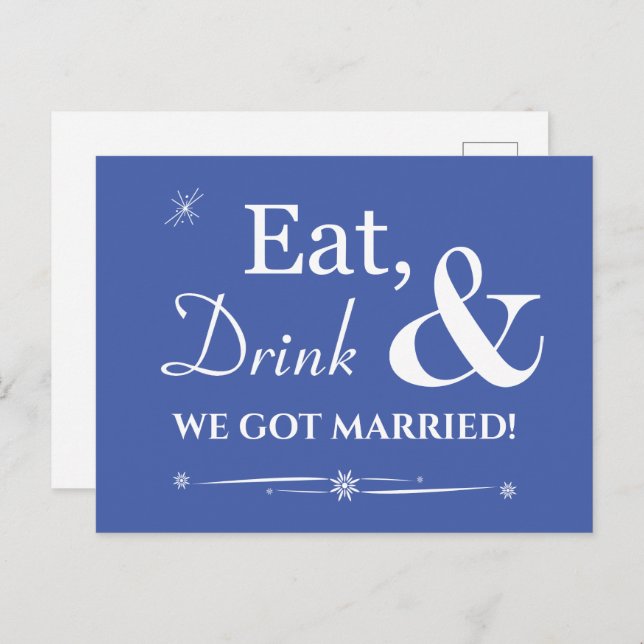 Blue Eat Drink We Got Married Retro Elopement Postcard (Front/Back)