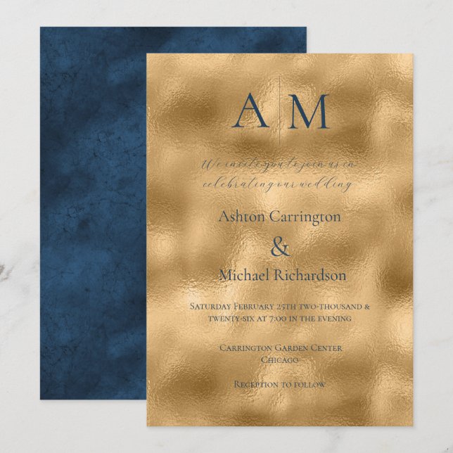 Blue Ecru Gold Monogram Modern Wedding Invitation (Front/Back)