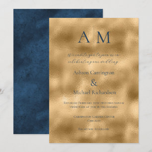 Blue Ecru Gold Monogram Modern Wedding Invitation