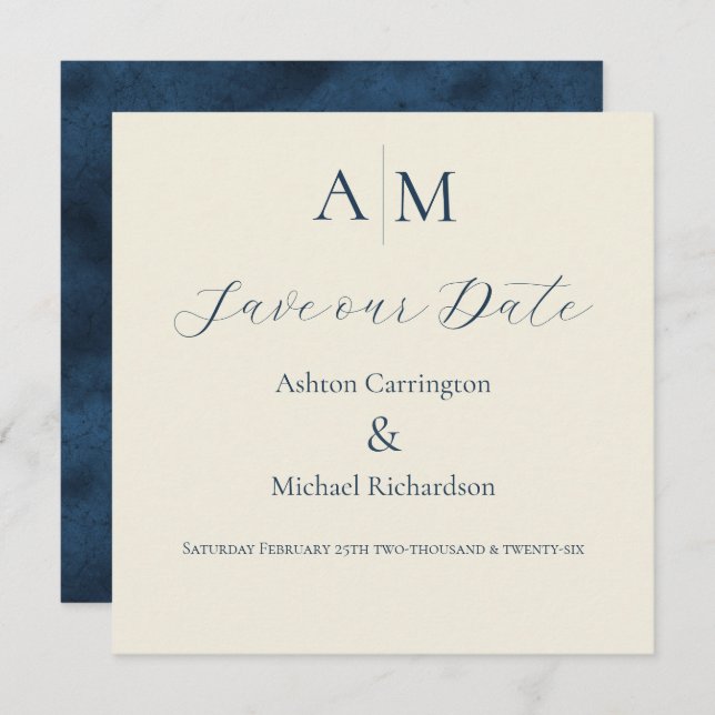 Blue Ecru Monogram Modern Wedding  Save The Date (Front/Back)