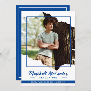 Blue Edgy Abstract Torn Photo Graduation Invitation