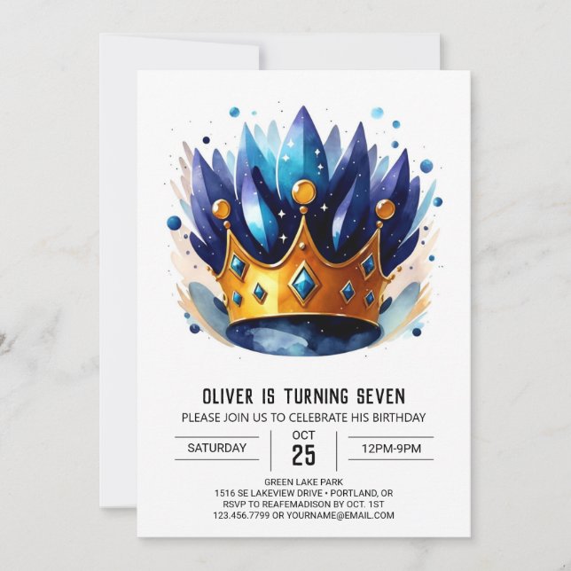  Blue Editable Prince Crown Birthday  Invitation (Front)