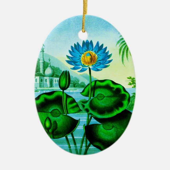 Blue Egyptian Water Lily / Lotus Illustration Ceramic Ornament (Front)