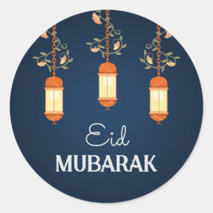Blue Eid Mubarak Floral Lantern Islamic Classic Round Sticker