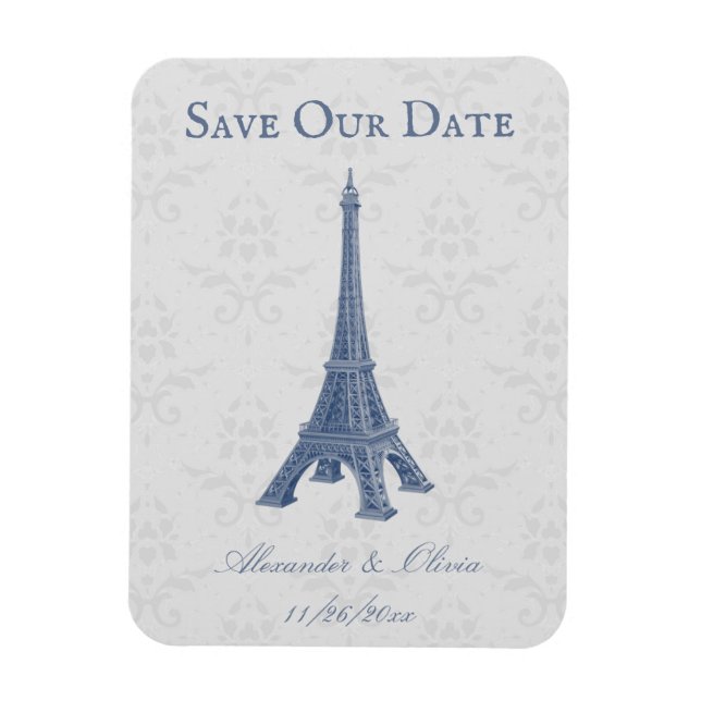 Blue Eiffel Tower Damask Save The Date Magnet (Vertical)