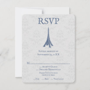 Blue Eiffel Tower Damask Wedding RSVP Card