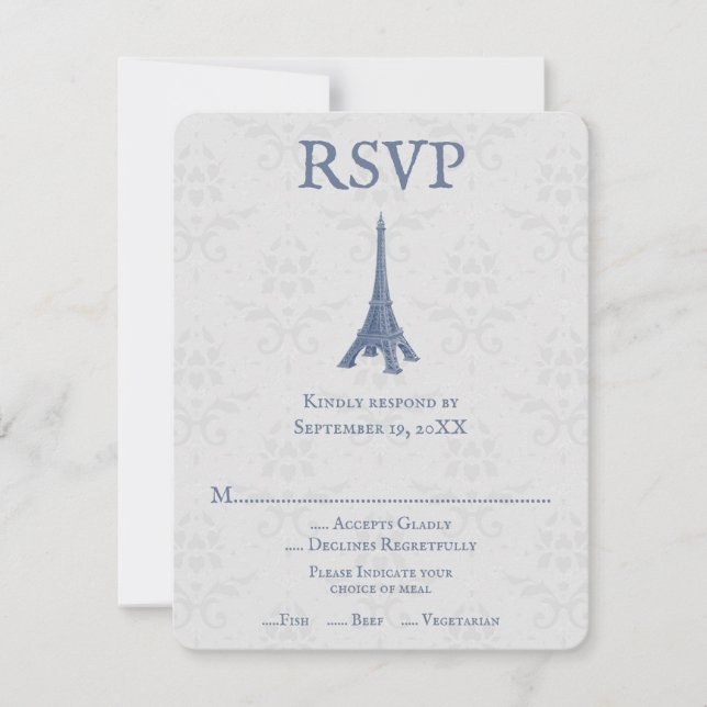 Blue Eiffel Tower Damask Wedding RSVP Card (Front)