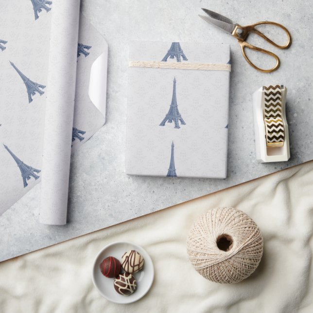 Blue Eiffel Tower Damask Wedding Wrapping Paper (Crafts)