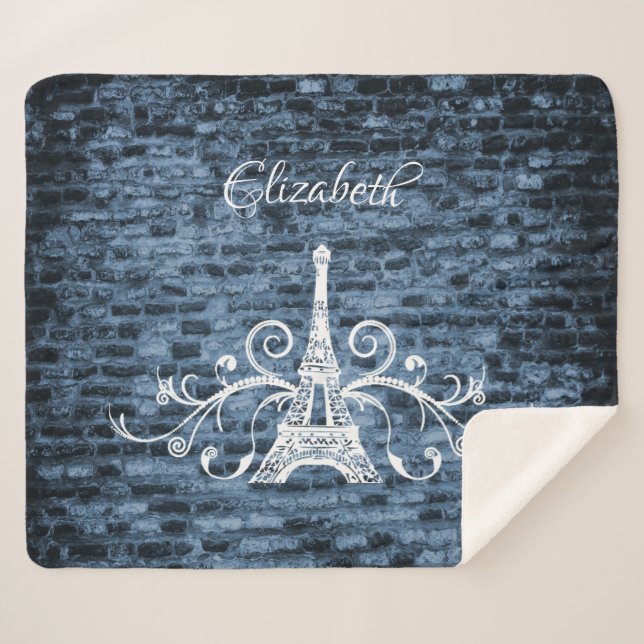 Blue Eiffel Tower Grunge Sherpa Blanket (Front (Horizontal))