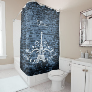 Blue Eiffel Tower Grunge Shower Curtain