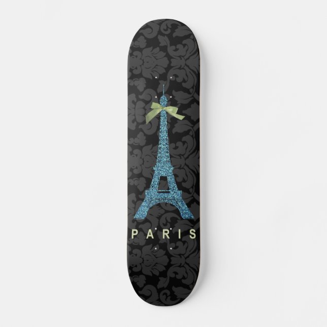 Blue Eiffel Tower in faux glitter Skateboard (Front)
