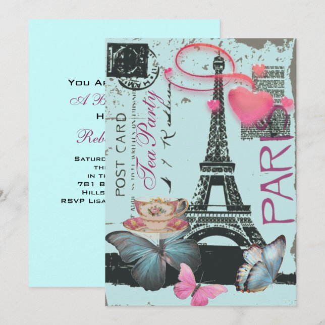 Blue eiffel tower Paris bridal tea party Invitation (Front/Back)