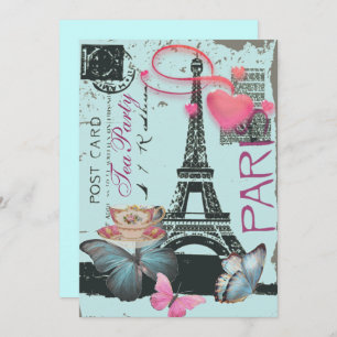 Blue eiffel tower Paris bridal tea party Invitation