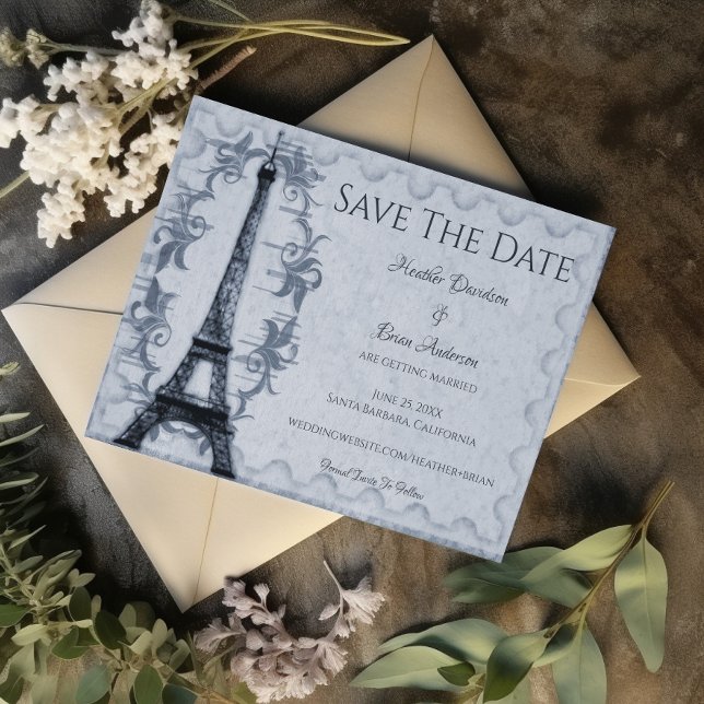 Blue Eiffel Tower Save The Date Announcement (Blue Eiffel Tower Save the Date)