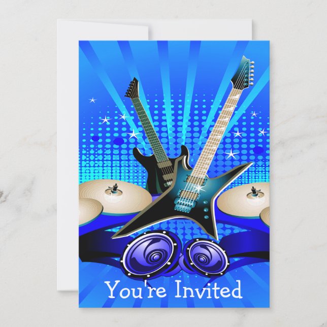 Blue Electric Guitars, Drums & Speakers Invitation (Front)