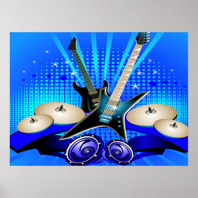 Blue Electric Guitars, Drums & Speakers Poster (Front)