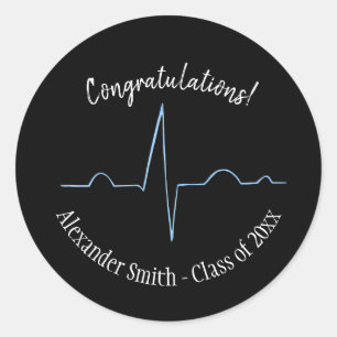 Blue Electrocardiogram Personalised Graduation  Classic Round Sticker
