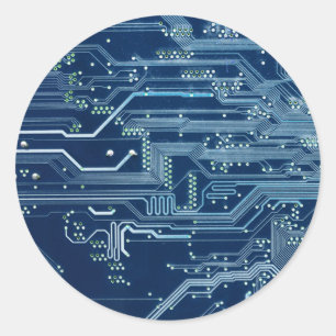 blue electronic circuit board computer pattern classic round sticker