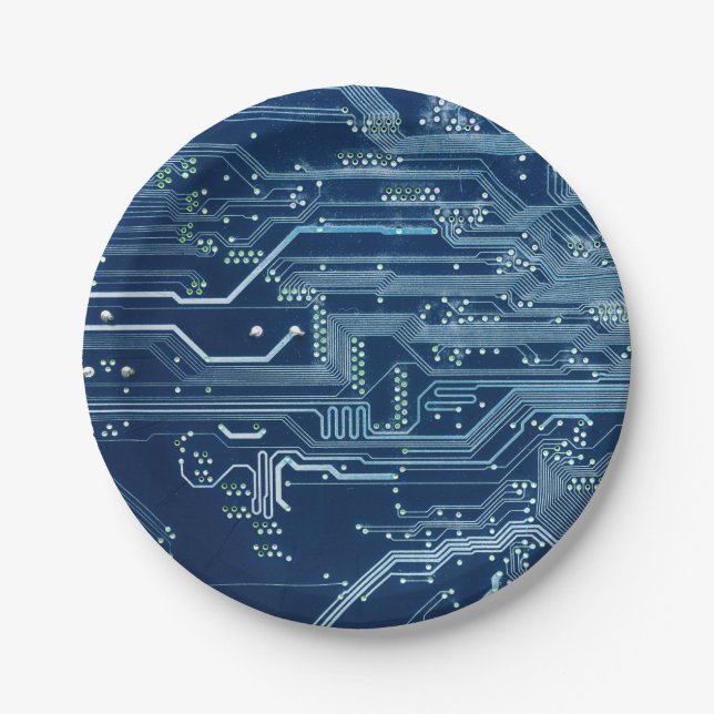 blue electronic circuit board computer pattern paper plate (Front)